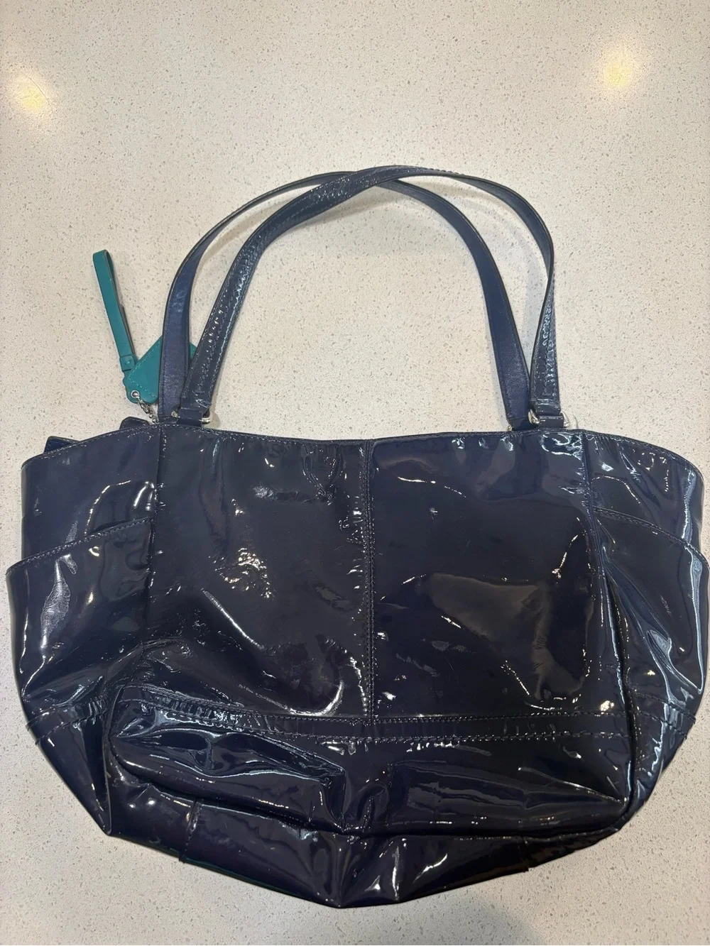 Coach Navy Patent Tote with Teal Tag Accent